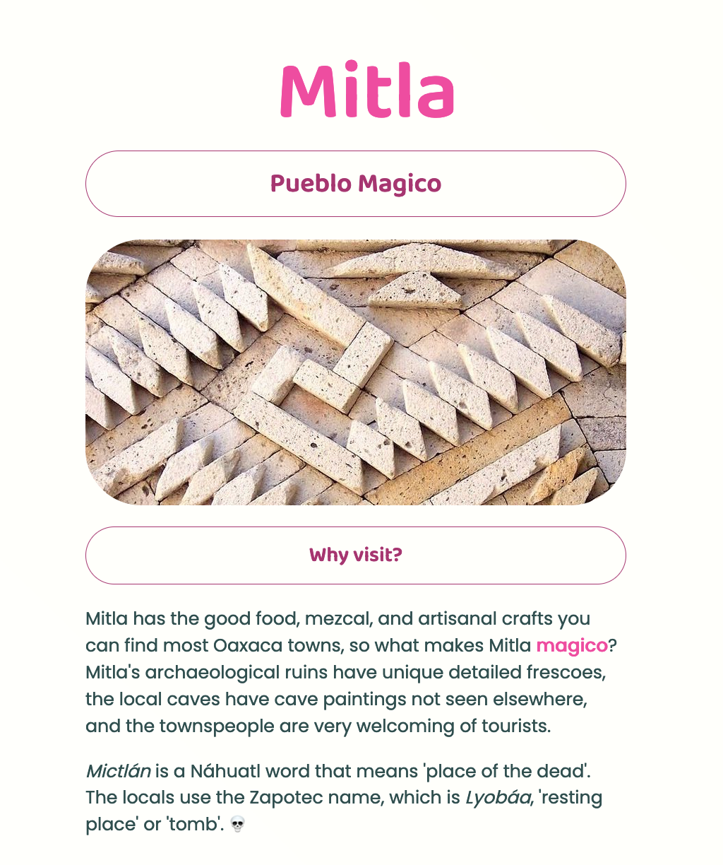 one page site for the town of mitla, oaxaca, mexico